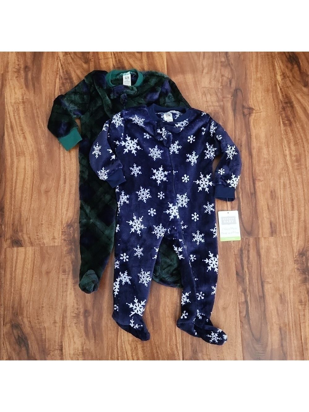 2 Cozy Plush Sleep and Play Christmas Footie Pajamas, Snowflake and Plaid, 6-9m